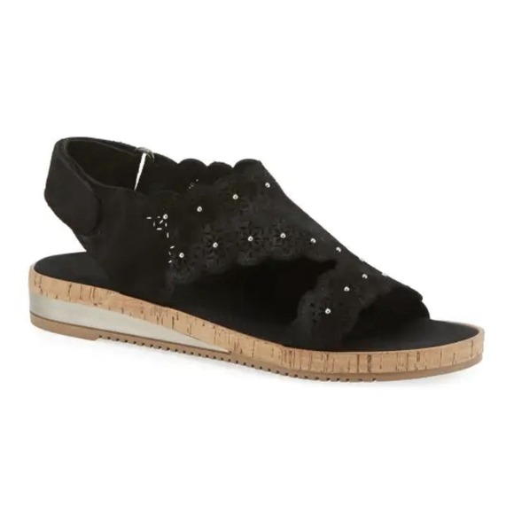 Sesto Meucci Stela Laser-cut sandals suede black‎ womens size 8 with silver gems - Picture 1 of 7